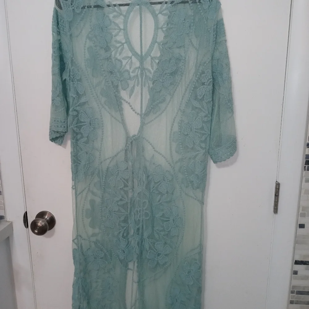 Ember sage Embroidered floral mesh Lace 1/2 Sleeve lingerie cover up M - Picture 8 of 10